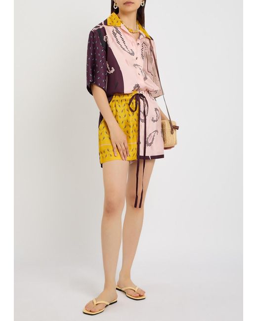 Otzio Yellow Printed Silk Shorts