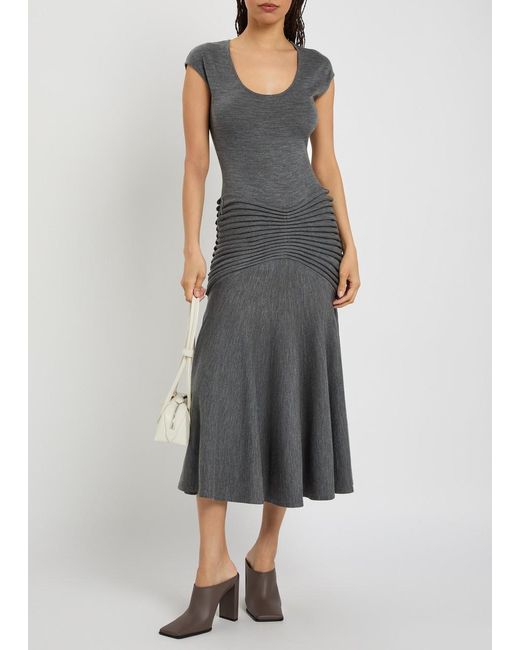Alaïa Gray Sculpting Ruched Wool Midi Dress