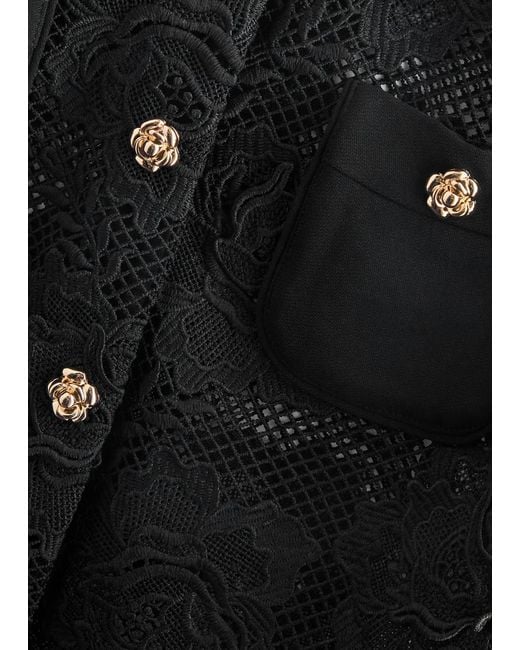 Self-Portrait Black Floral-Embellished Sheer Guipure Lace Shirt