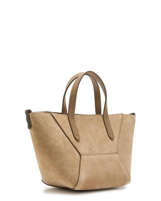 Brunello Cucinelli Natural Bead Mini Panelled Suede Tote