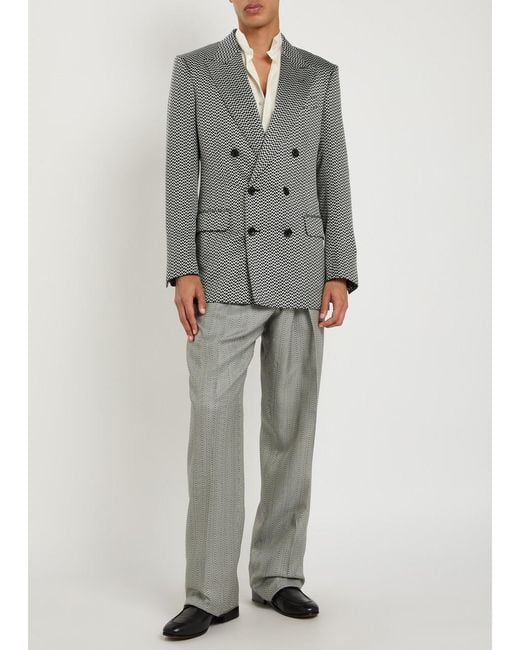 Tom Ford Gray Double-Breasted Herringbone Silk Blazer for men