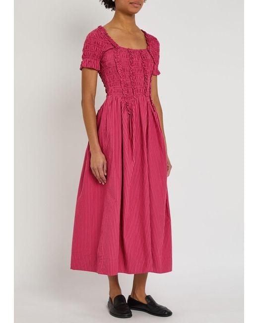 Damson Madder Pink Raphaela Striped Cotton Midi Dress