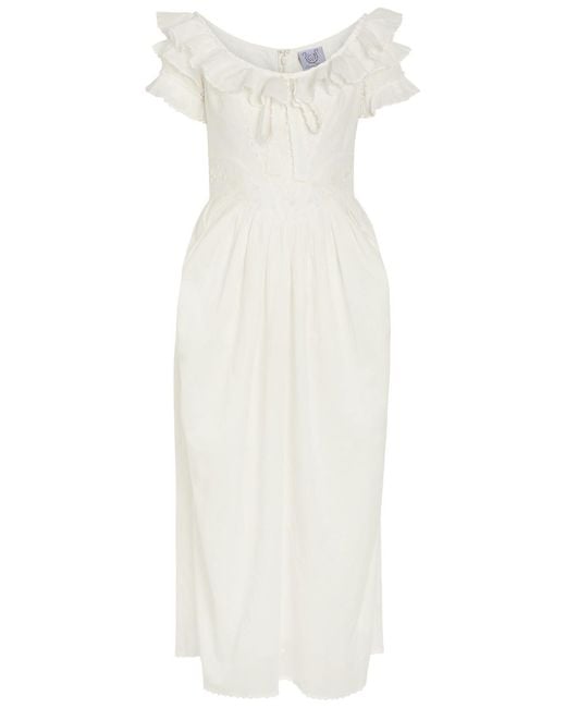 Thierry Colson White Falbala Embroidered Cotton Midi Dress