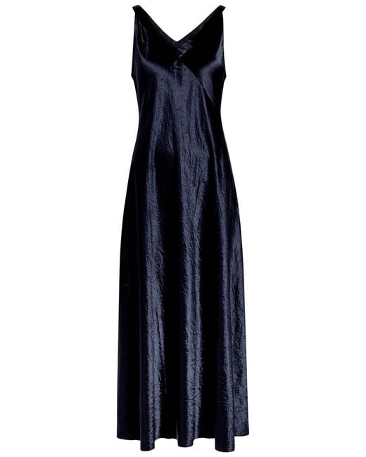 Eileen Fisher Blue Crinkled Satin Midi Dress