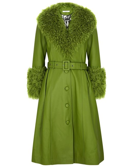 Saks Potts Green Foxy Shearling-Trimmed Leather Coat