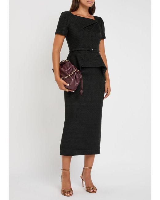 Roland Mouret Black Belted Peplum Tweed Midi Dress