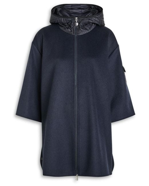 Moncler Blue Hooded Shell And Wool-Blend Cape Coat