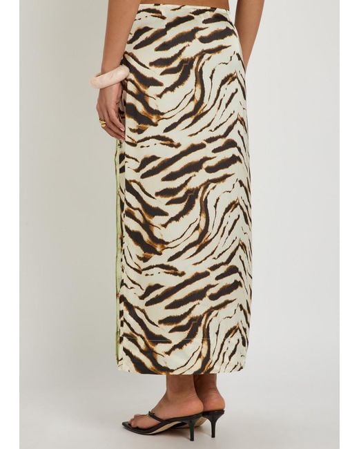 Ganni Natural Zebra-Print Layered Satin Maxi Wrap Skirt