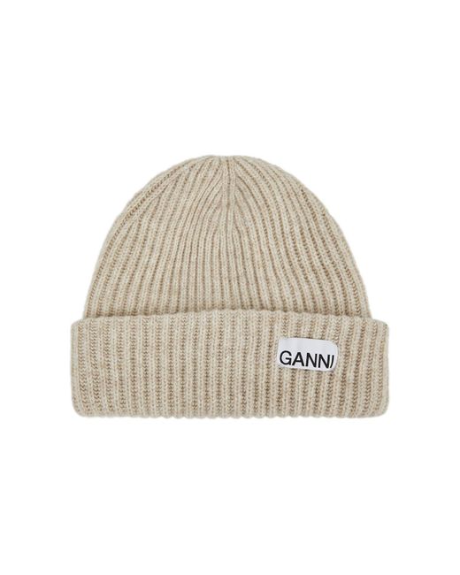 Ganni Natural Ribbed Wool-Blend Beanie
