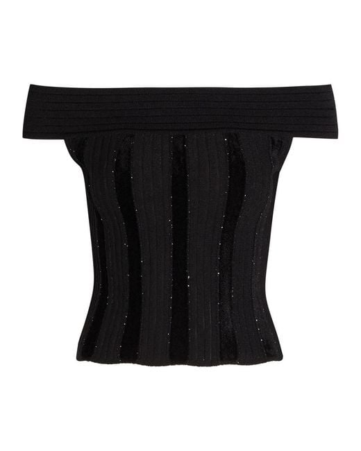 Balmain Black Sequin-Embellished Stretch-Knit Top