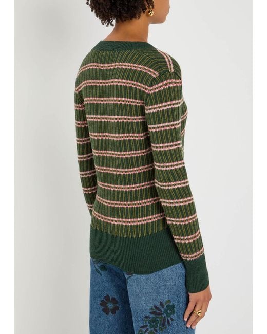 Etro Green Striped Knit Designer V-Neck Jumper Uk10