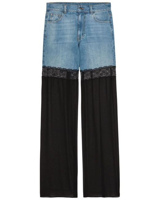 Nensi Dojaka Blue Panelled Lace-Trim Wide-Leg Jeans