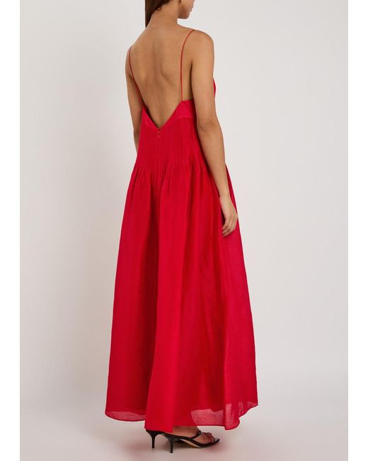 Tory Burch Red Pleated Linen And Silk-Blend Maxi Dress