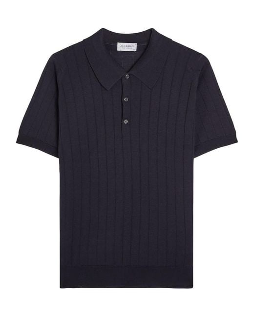 John Smedley Blue Willia Striped Wool And Cotton-Blend Polo Shirt for men