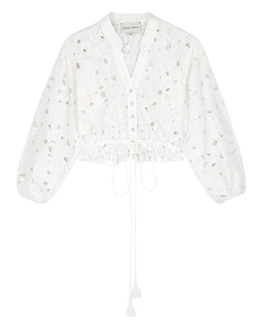 Cara Cara White Perrin Embroidered Cropped Cotton Top