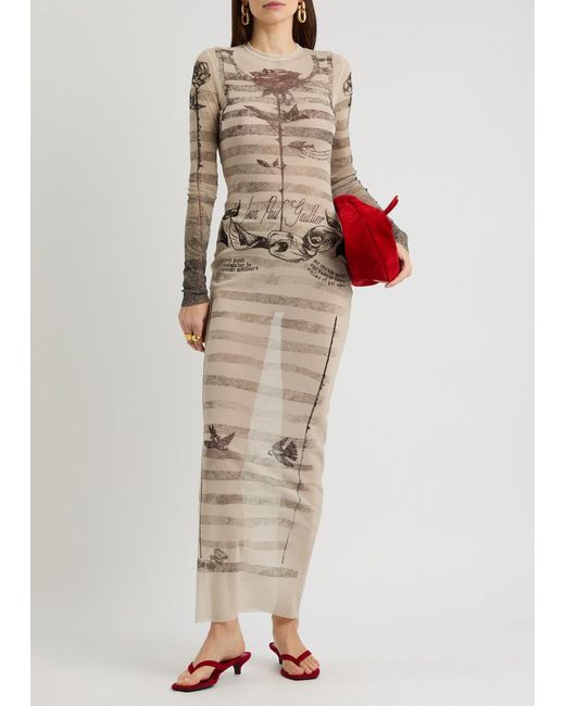 Jean Paul Gaultier Natural Printed Sheer Stretch-Tulle Maxi Dress