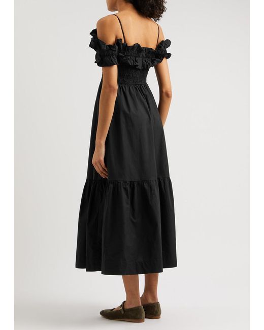 Ganni Black Ruffled Cotton-Poplin Midi Dress