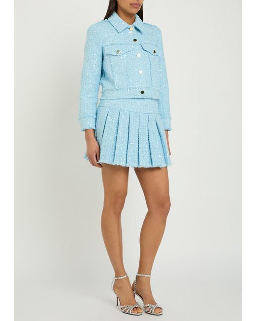 Alice + Olivia Blue Emilie Embellished Pleated Tweed Mini Skirt
