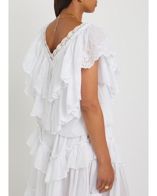 Chloé White Embroidered Ruffled Cropped Cotton Top