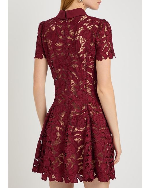 Self-Portrait Red Floral Guipure Lace Mini Shirt Dress