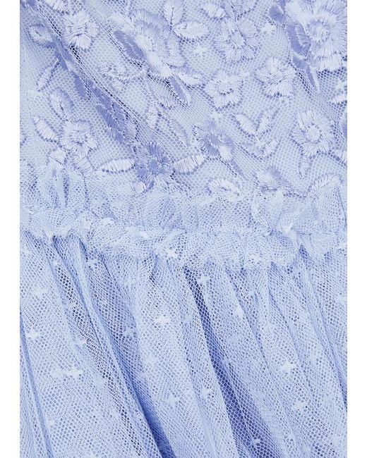 Needle & Thread Blue Midsummer Floral-Embroidered Tulle Gown