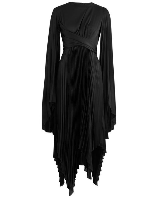 A.W.A.K.E. MODE Black Pleated Wrap-Effect Satin Midi Dress