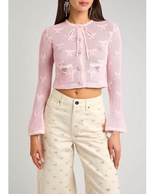 Self-Portrait Pink Bow Open-Knit Cardigan