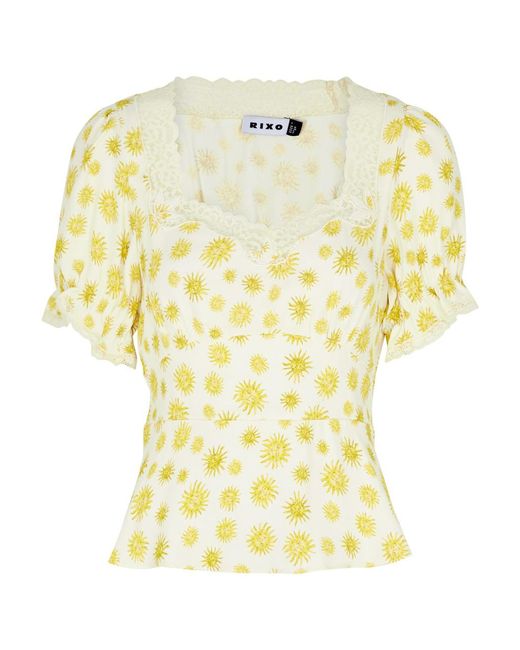 Rixo Yellow Selva Printed Lace-trimmed Top