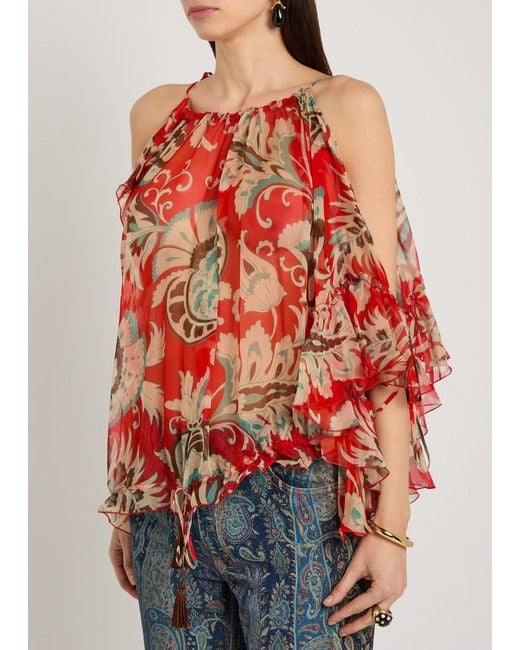 Etro Red Printed Ruffled Silk-Chiffon Top