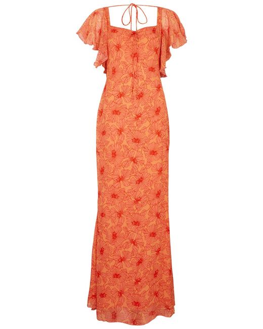 De La Vali Orange Arabella Floral-print Chiffon Maxi Dress