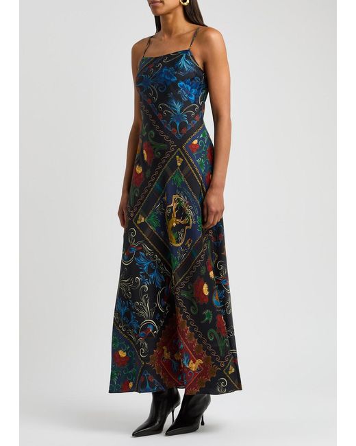 Farm Rio Blue Maxi FARM Rio Printed Satin Maxi Slip Dress in Blue | Lyst