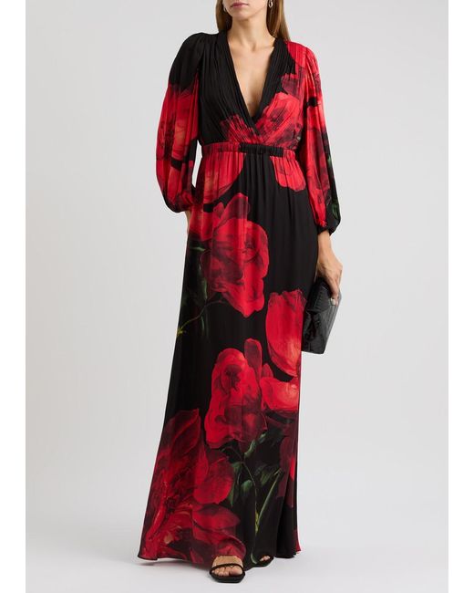 Alice + Olivia Red Clarissa Floral-Print Matte Satin Maxi Dress