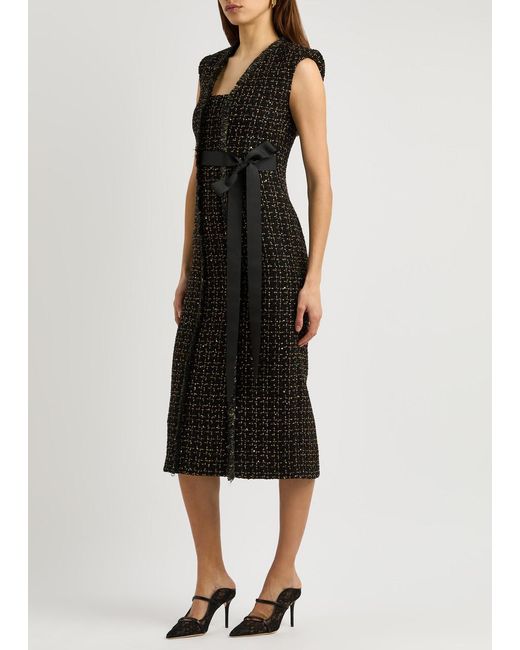 Huishan Zhang Black Shade Metallic Tweed Midi Dress