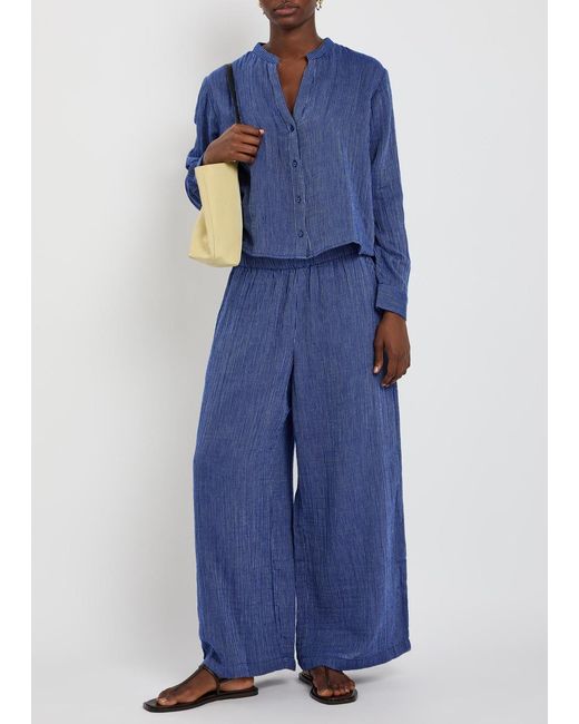 Eileen Fisher Blue Striped Wide-Leg Cotton Trousers