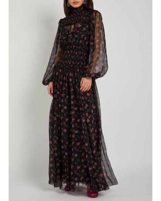 Dolce & Gabbana Black Floral-Print Shirred Silk Maxi Dress
