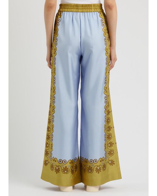 LaDoubleJ Blue Palazzo Printed Silk-Satin Trousers