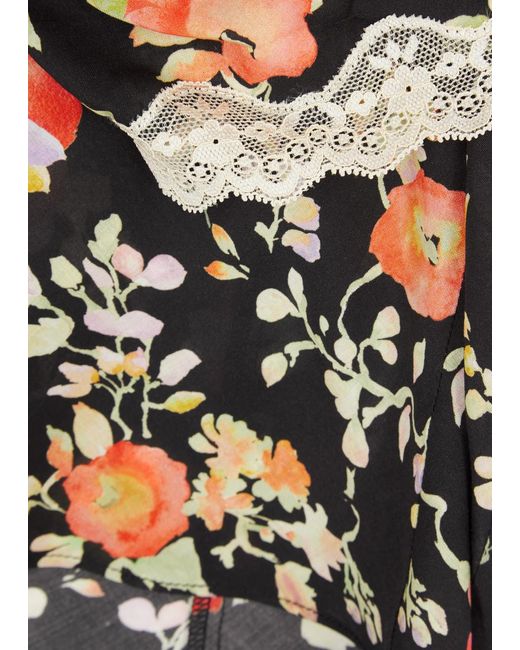 Rixo Black Rosella Floral-Print Lace-Trimmed Top