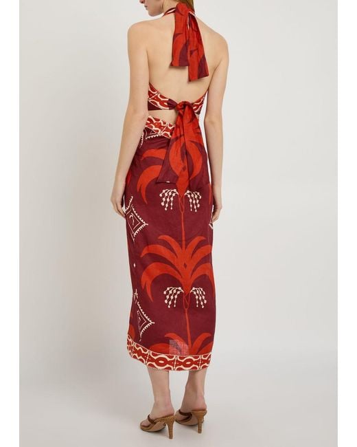 Johanna Ortiz Red Buen Viento Halterneck Linen Midi Dress