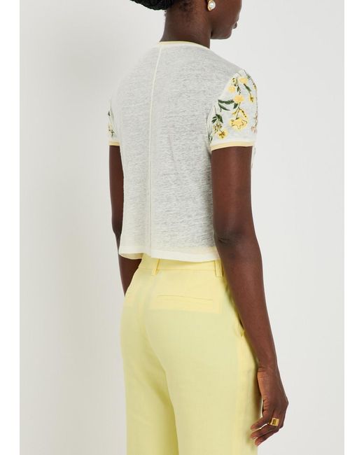 Alice + Olivia White Cindy Floral-Embroidered Linen T-Shirt