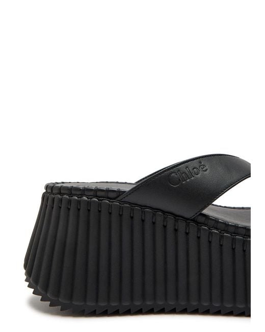 Chloé Black Nama 80 Thong Leather Wedge Sandals