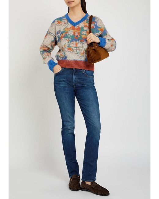 Mother Blue The Crop Varsity Printed Alpaca And Wool-Blend Jumper