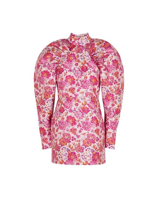 ROTATE BIRGER CHRISTENSEN Pink Button-detailed Ruched Floral-jacquard Mini Dress