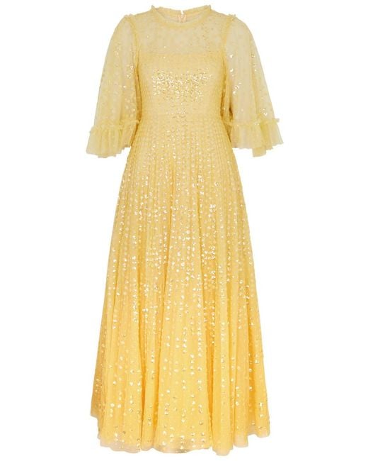 Needle & Thread Yellow Raindrop Sequin-Embellished Tulle Gown