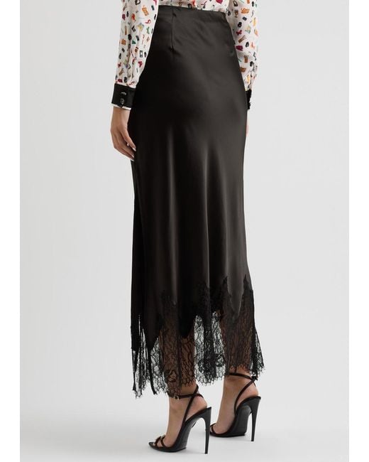 Alice + Olivia Black Maeve Lace-Trimmed Satin Midi Skirt