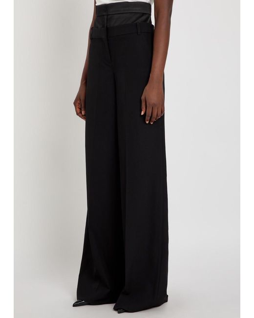 Erdem Black Layered-Effect Wide-Leg Wool Trousers