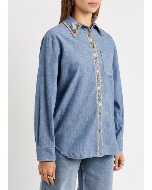 Weekend by Maxmara Blue Udine Floral-embroidered Chambray Shirt