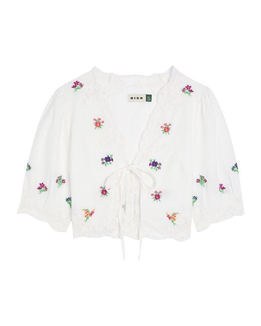 Rixo White Ursula Floral-Embroidered Cotton Top