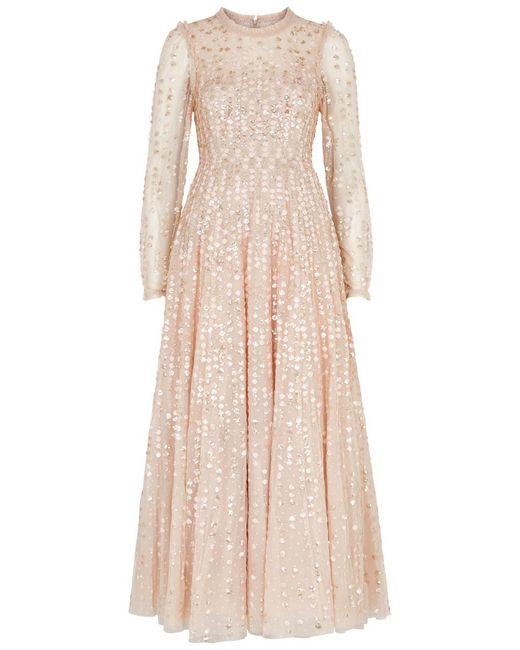 Needle & Thread Natural Raindrop Sequin-embellished Tulle Gown