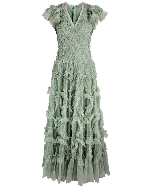 Needle & Thread Green Amorette Ruffled Tulle Gown