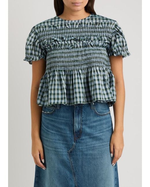 Sister Jane Arabella Checked Puff-Sleeve Woven Top in Blue | Lyst